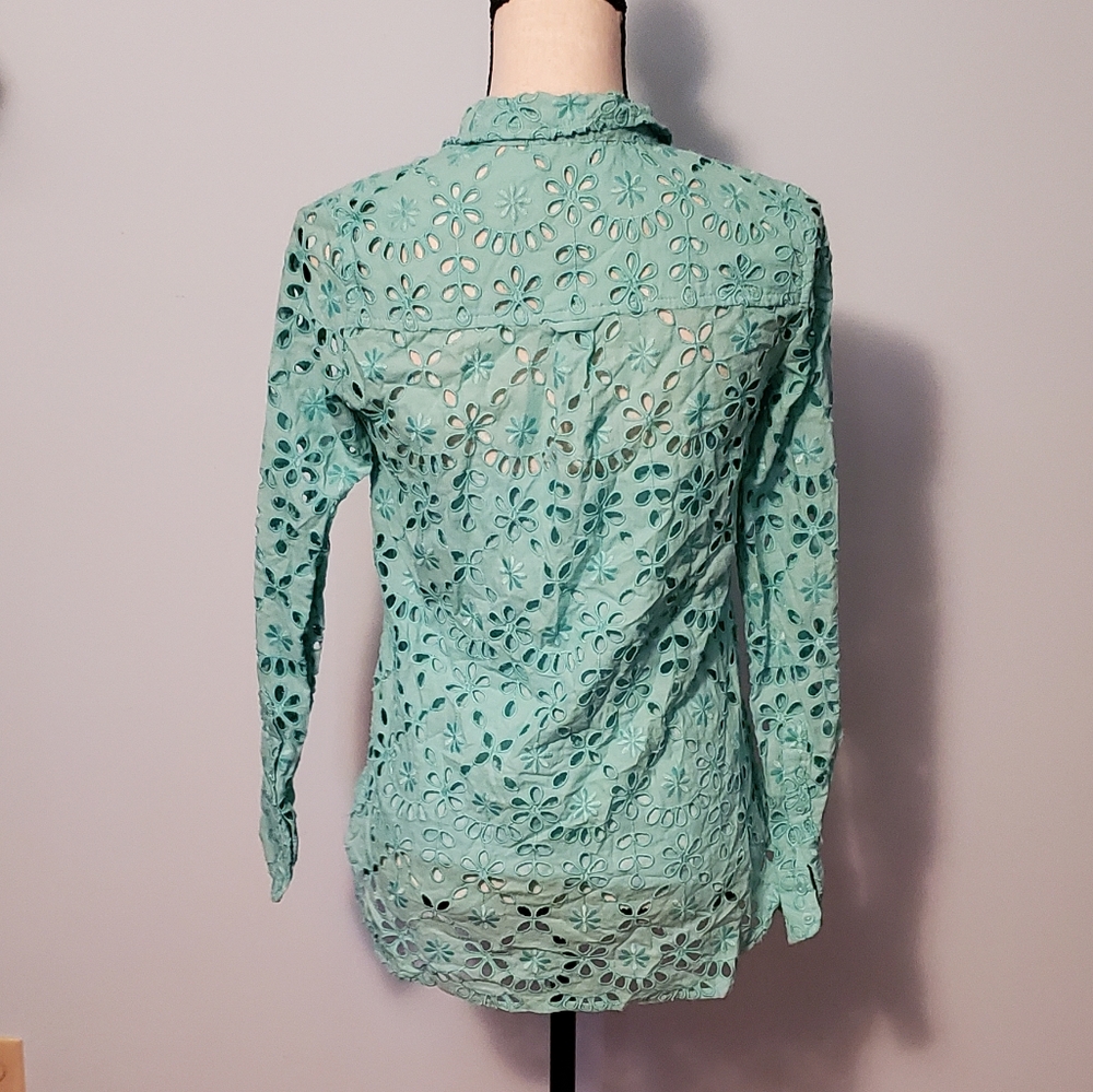 J. Crew Classic Bright Spearmint Green Embroidered Eyelet Button-Down Blouse - Picture 4 of 15